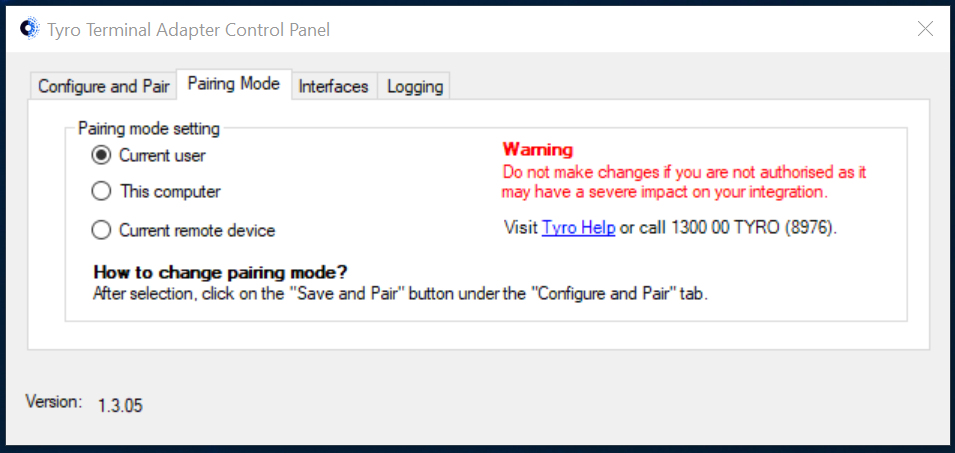 Pairing modes on the Tyro Terminal Adapter (TTA)